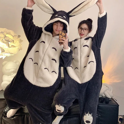 My Neighbor Totoro Winter Couple Matching Pajamas Thick Fluffy Plush Zipper Jumpsuit Cute Loungewear Warm Cozy Home Sleepwear