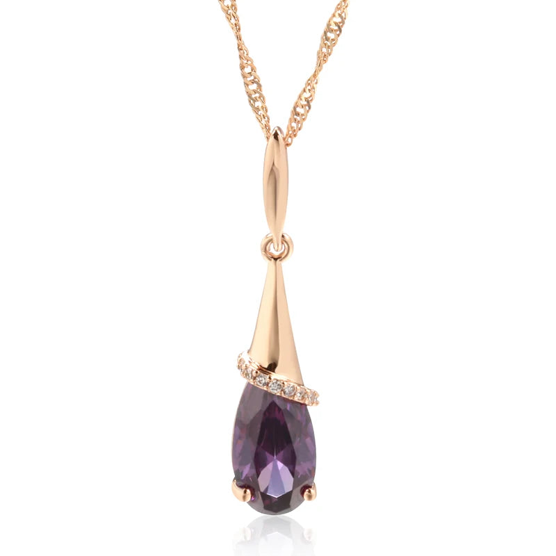 Kinel Fashion 585 Collana con ciondolo lungo color oro rosa per donna Goccia d'acqua Viola Zircone naturale Regalo di gioielli da indossare ogni giorno