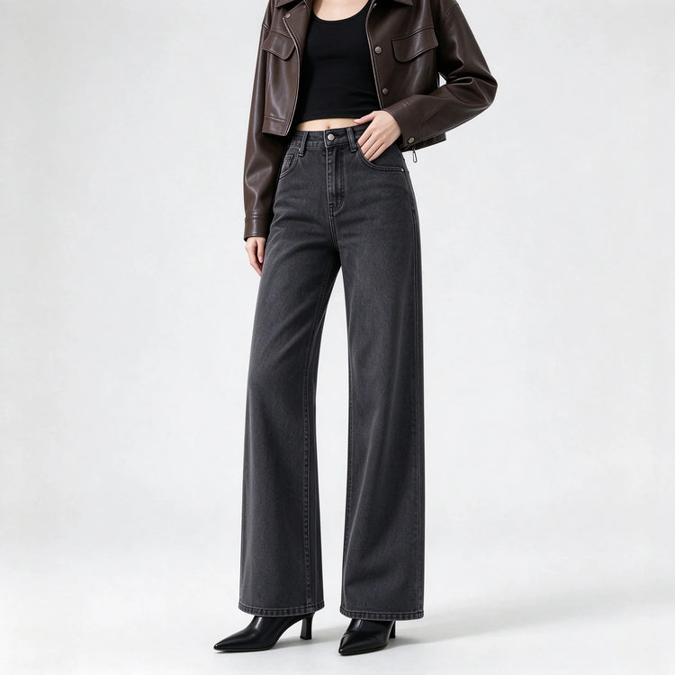 Women’s high-waisted, wide-leg jeans in smoky grey with a uniform wash; elegant, minimalist, relaxed-fit wide-leg denim, suitable for casual office wear and everyday outings FX-1338-5