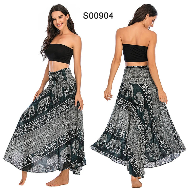 Boho Gonne Donna Rayon Beach Abito lungo Estate Bohemian Jupe Longue Femme Elastico in vita Stampa Fasciatura floreale Halter Hippie platinumshop