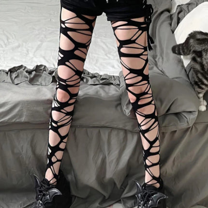 Collant a Rete Neri Irregolari da Donna, Stile Punk Goth, per Ragazze Audaci, Subcultura JK, Strappati, Moda Lolita