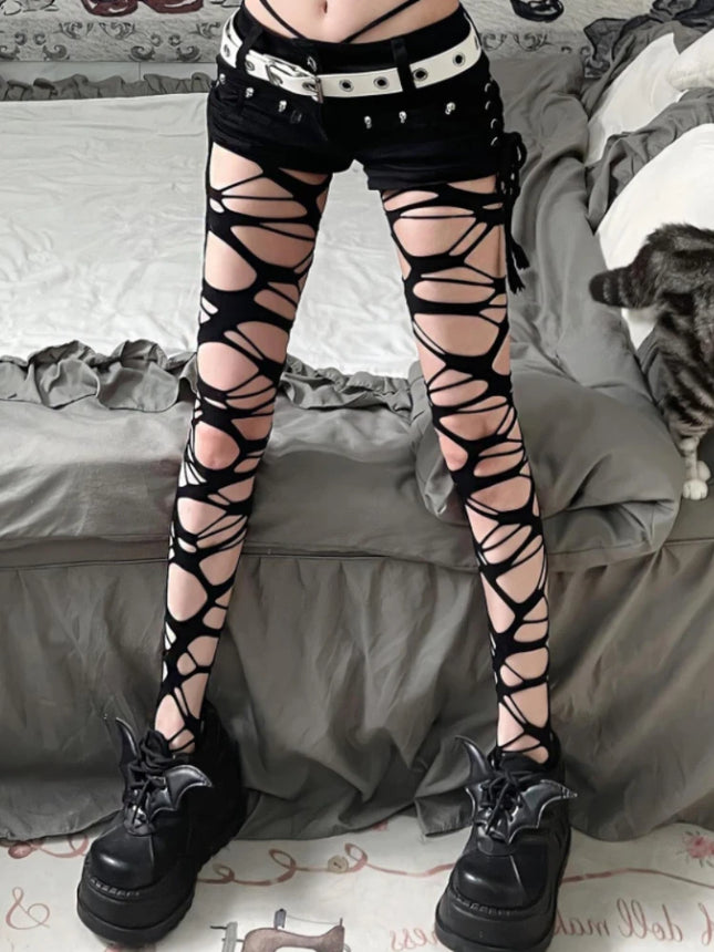 Women's Black Irregular Fishnet Tights, Punk Goth Style, for Bold Girls, JK Subculture, Ripped, Lolita Fashion