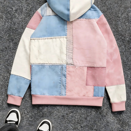 Mens Multi Color Patchwork Hoodie Soft Lined Raised Embroidery Slogan Small Cross Accent Minimal Casual Sweat Top
