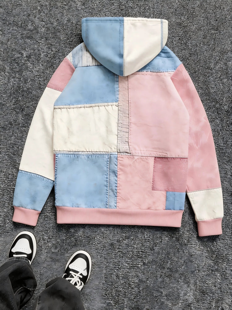 Mens Multi Color Patchwork Hoodie Soft Lined Raised Embroidery Slogan Small Cross Accent Minimal Casual Sweat Top