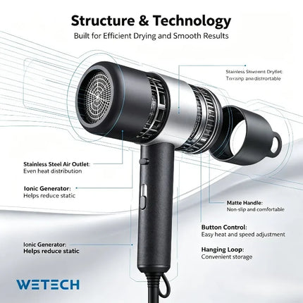 WETECH W1119 2200W Negative Ionic Hair Dryer 220-240V EU Plug Professional Compact Hair Blow Dryer With Concentrator Nozzle Cool Shot Function For Home Travel