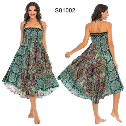 Boho Gonne Donna Rayon Beach Abito lungo Estate Bohemian Jupe Longue Femme Elastico in vita Stampa Fasciatura floreale Halter Hippie platinumshop