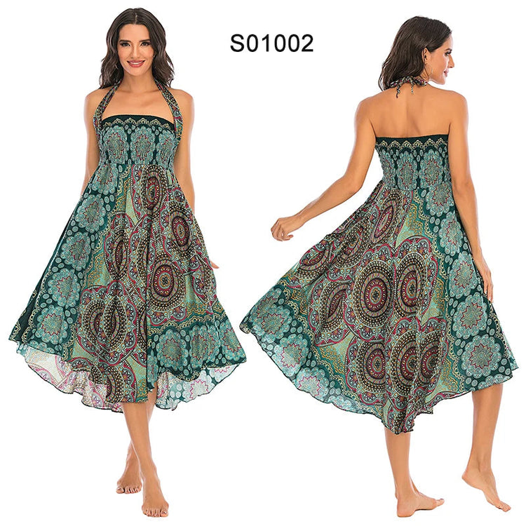 Boho Gonne Donna Rayon Beach Abito lungo Estate Bohemian Jupe Longue Femme Elastico in vita Stampa Fasciatura floreale Halter Hippie platinumshop