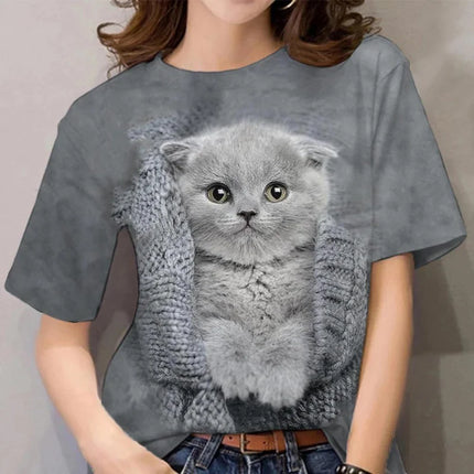 T-shirt mignonne en forme de chat pour femme, avec impression 3D animal de compagnie, manches courtes, hauts décontractés d'été, T-shirts amples Streetwear à col rond