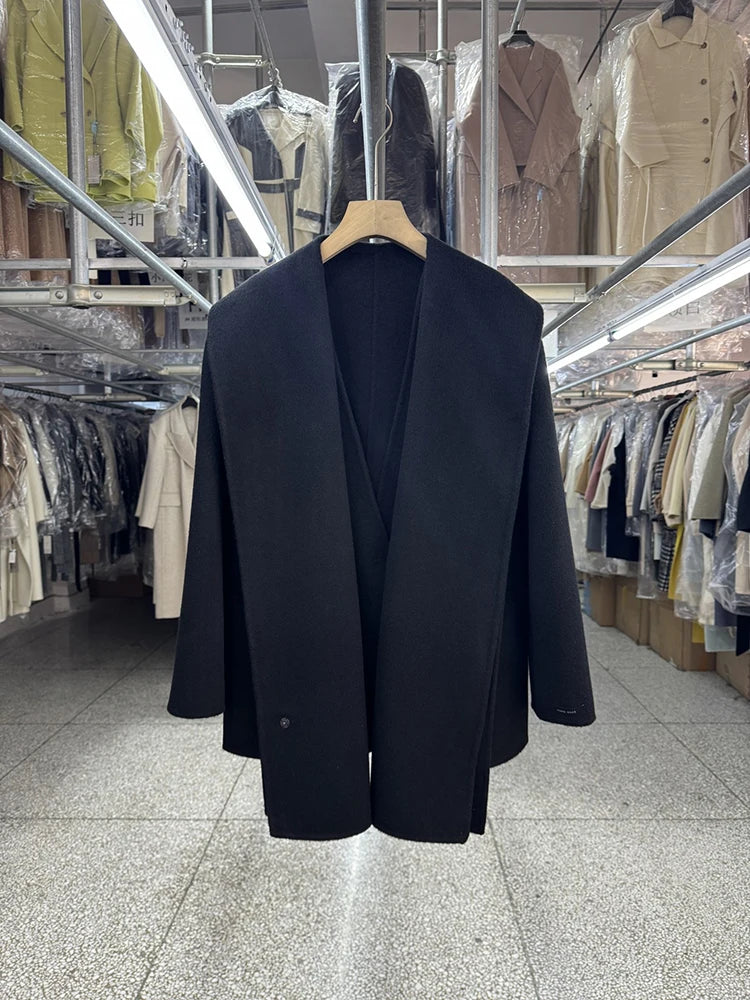Scarf Collar 100%Wool Coat Women, Korean Fashion Elegant Outerwear, Loose Autumn Winter Jacket