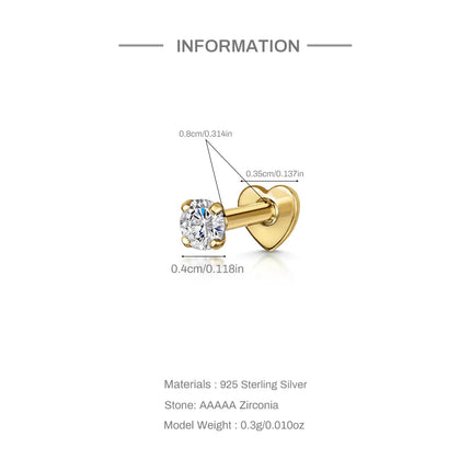 CANNER 1PC 925 Sterling Silver Crown Horse Eye Zircon Heart Flat Head Cartilage Piercing Stud Earring For Women Claasic Earring PlatiNum
