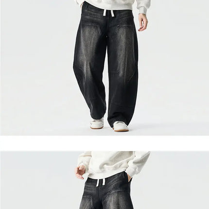 Jeans da Uomo Primavera 2026, Pantaloni in Denim Vintage con Vita Elastica, Jeans Neri da Uomo, Stile Harajuku Hip Hop, Pantaloni Larghi in Cotone Oversize