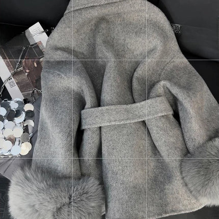 Faux Grey Elegant Casual Winter Belted Mid-Length Overcoat Women's Fashion Outerwear Warm Coat 2025 Fashion Cardigan Jacket