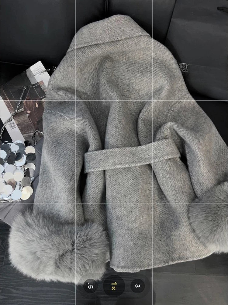 Faux Grey Elegant Casual Winter Belted Mid-Length Overcoat Women's Fashion Outerwear Warm Coat 2025 Fashion Cardigan Jacket