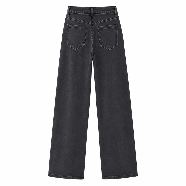 Women's Wide Leg Jeans in Grey-Black, High Waist, Stretch Denim, Loose Fit, Belt Detail with Scarf, Modern Casual Style, Fashionable Pants for All Seasons, Sizes Xs-Xl，Fx1338-5