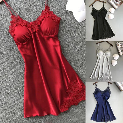 Abito da notte sexy in raso di seta da donna Camicie da notte senza maniche Camicia da notte con scollo a V Camicia da notte Indumenti da notte in pizzo Indumenti da notte per le donne Top da notte