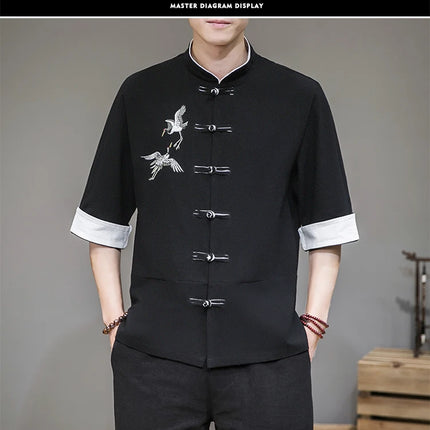 Camicie con ricamo gru Abbigliamento tradizionale cinese vintage Mezza manica da uomo in lino Solido colletto Madarin Cardigan Hanfu Kungfu
