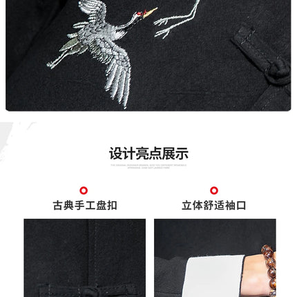Camicie con ricamo gru Abbigliamento tradizionale cinese vintage Mezza manica da uomo in lino Solido colletto Madarin Cardigan Hanfu Kungfu