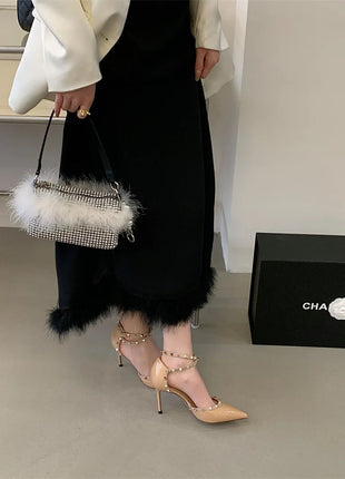 Sandali Donna alla Moda con Rivetti, Nuovo Stile Primavera 2026, Tacchi Alti con Cinturino Sottile, Eleganti Décolleté Color Nude per Estate Autunno platinumshop