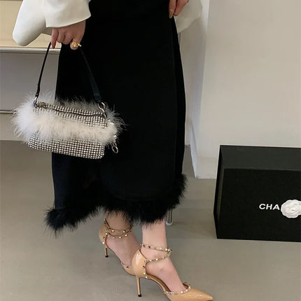 Sandali Donna alla Moda con Rivetti, Nuovo Stile Primavera 2026, Tacchi Alti con Cinturino Sottile, Eleganti Décolleté Color Nude per Estate Autunno platinumshop
