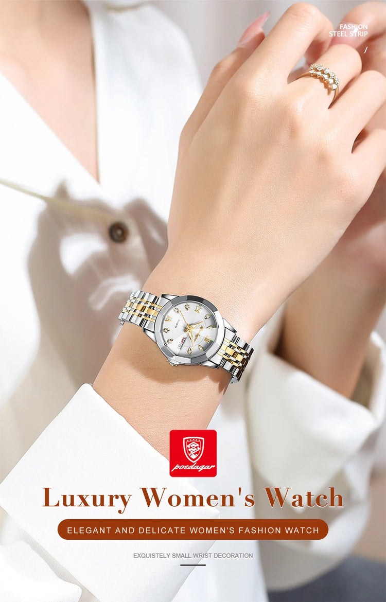 POEDAGAR orologi da donna di marca di lusso impermeabile luminoso data settimana orologio al quarzo per donna orologio da donna di moda in acciaio inossidabile platinumshop