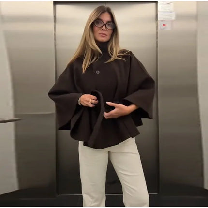 Faux Fur Cloak Jackets Women Loose Standneck Three Button Wide Sleeves Belt Coats Female 2026 Autumn Solid Chic Fashion Outwears