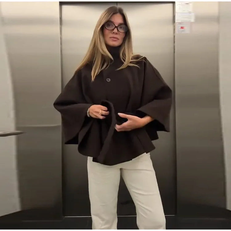 Faux Fur Cloak Jackets Women Loose Standneck Three Button Wide Sleeves Belt Coats Female 2026 Autumn Solid Chic Fashion Outwears