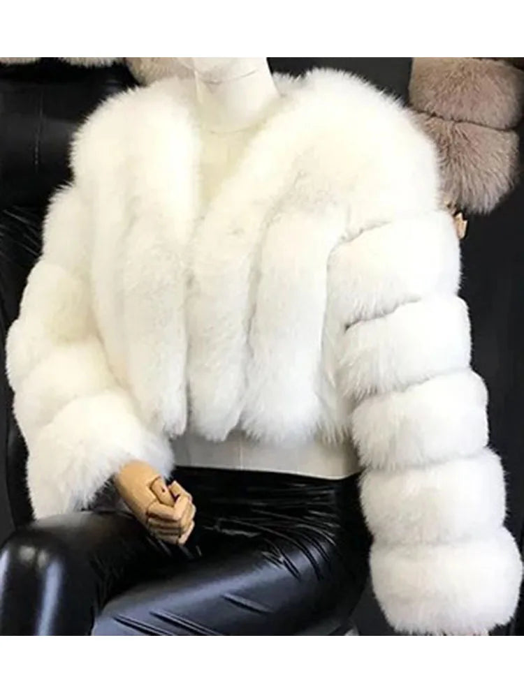 ZADORIN Luxury Cropped White Faux Fox Fur Coat Woman Clothing V Neck Long Sleeve Winter Fluffy Faux Fur Jacket Fur Coats Woman
