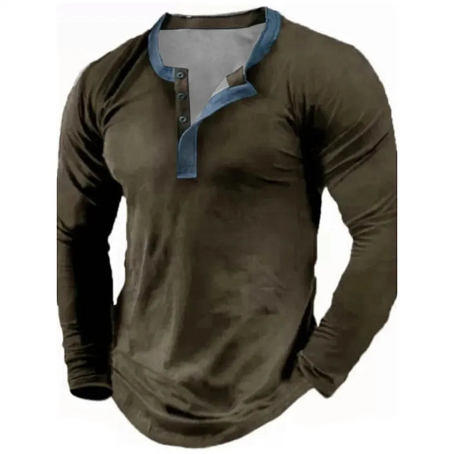 Spring Autumn Solid Color Henley Shirts 3D Printed Men's Fashion Vintage Button-Down Long Sleeve T Shirts Men's Tees Top Apparel