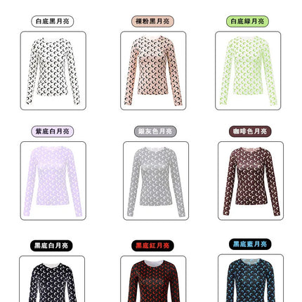 Nuova Maglietta Donna in Rete Stampata, Moda Primavera-Autunno, Casual a Maniche Lunghe, Protezione Solare, Strato Interno in Seta Ghiacciata