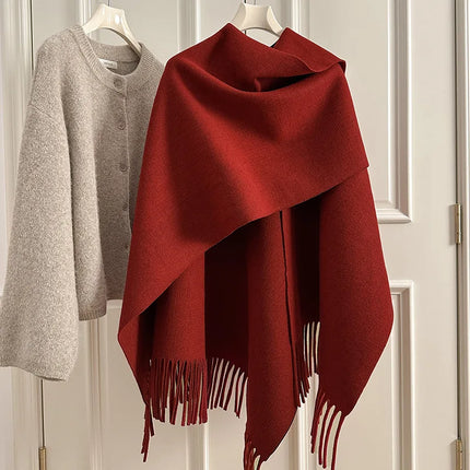 Women Split‑Open Woolen Tassel Poncho Shawl Thick Warm Cape Coat Autumn Winter Travel Photography Outer Wrap
