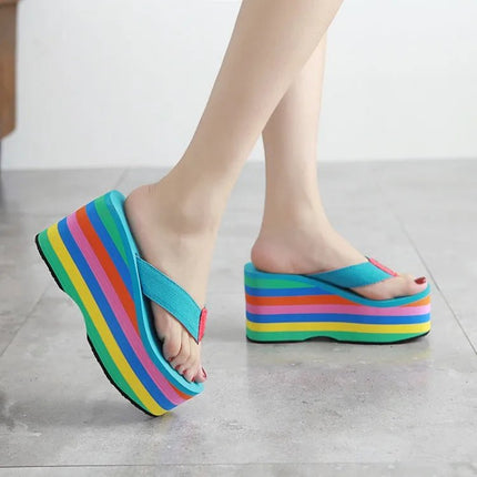 Infradito arcobaleno Sandali da spiaggia da donna Cinturino smerigliato estivo Pantofole con zeppa super alta Pantuflas estivi da donna - platinumshop
