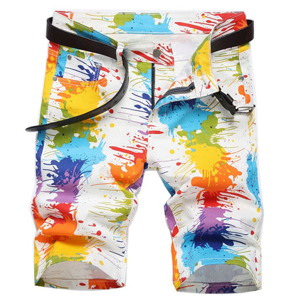 Pantaloncini da uomo dipinti a colori fantasia Pantaloni estivi in denim elasticizzato Y2K Jeans bianchi con stampa digitale