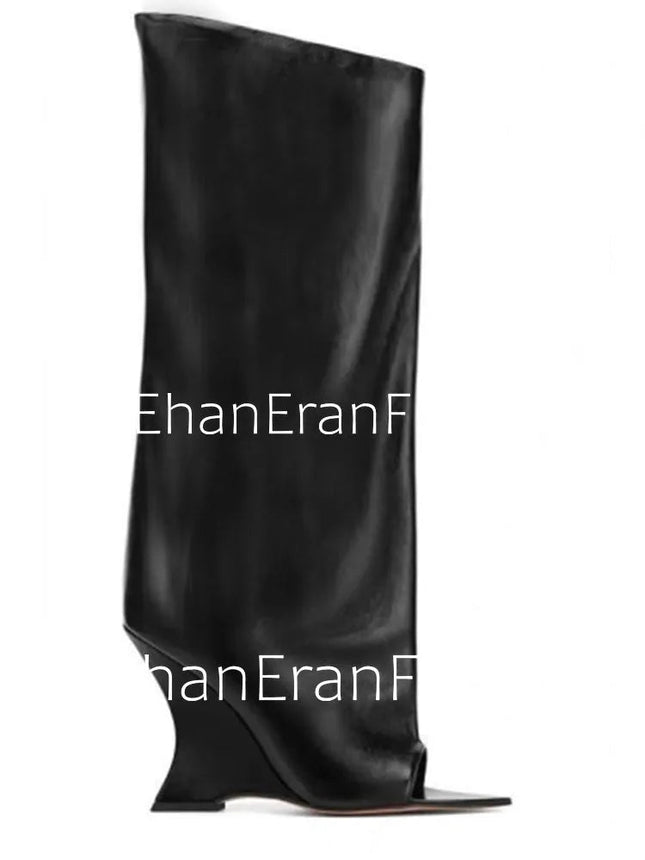 2025Ladies' Spring and Summer New Fish Mouth Slope High Heel Knee Boots, Fashionable Pointed Fashion Show Medium Cool Boots PlatiNum