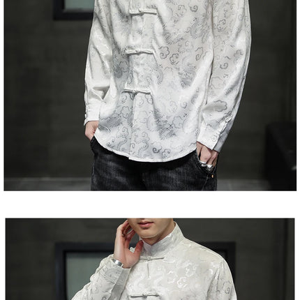 Giacca Tang di alta qualità da uomo camicetta con colletto alla coreana in argento elegante abbigliamento cinese rosso camicie Casual da uomo in raso di seta blu di grandi dimensioni