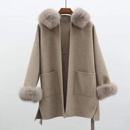 MISSJANEFUR Wool Coat with Real Fox Fur Collar Cuff Women Fashion Belted Cashmere Coats Warm Winter Hooded Trench Peacoat