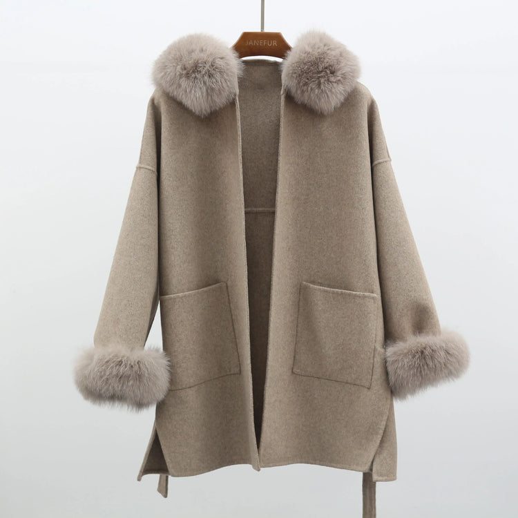 MISSJANEFUR Wool Coat with Real Fox Fur Collar Cuff Women Fashion Belted Cashmere Coats Warm Winter Hooded Trench Peacoat