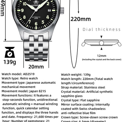 ADDIESDIVE Classic Men's watch Sapphire Automatic 8215 Stainless Steel Pilot watch Leather Luminous 200m Diving Dress Watch New