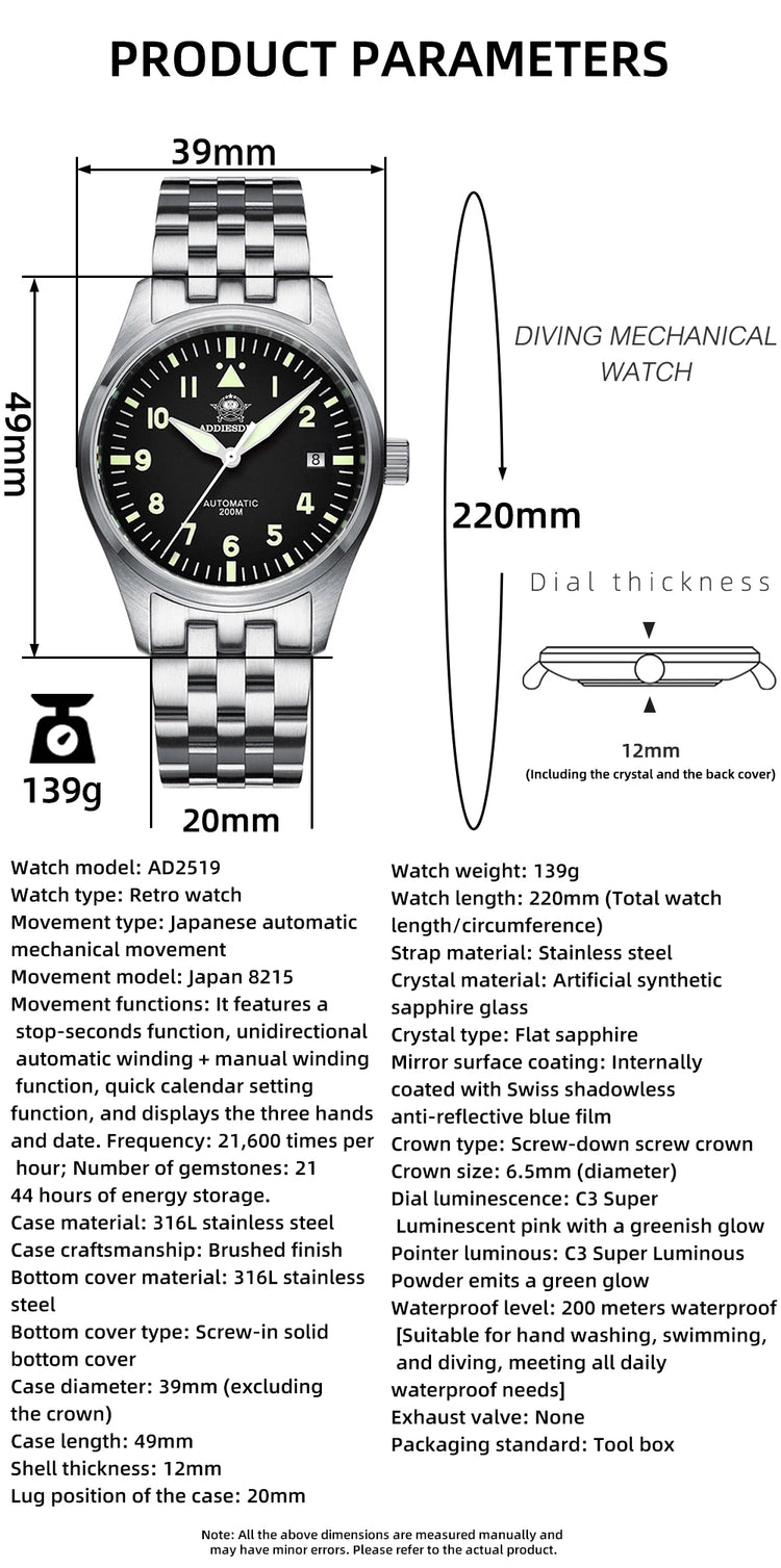 ADDIESDIVE Classic Men's watch Sapphire Automatic 8215 Stainless Steel Pilot watch Leather Luminous 200m Diving Dress Watch New