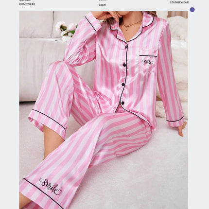 Pigiama da donna in raso con stampa a righe Victoria Autunno Manica lunga Bottoni Risvolto Top e pantaloni Indumenti da notte Comfort Indumenti da notte dalla vestibilità rilassata