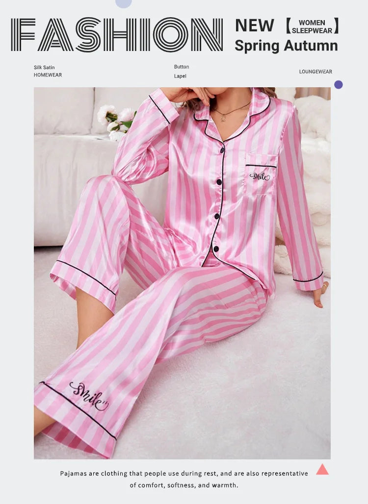Pigiama da donna in raso con stampa a righe Victoria Autunno Manica lunga Bottoni Risvolto Top e pantaloni Indumenti da notte Comfort Indumenti da notte dalla vestibilità rilassata