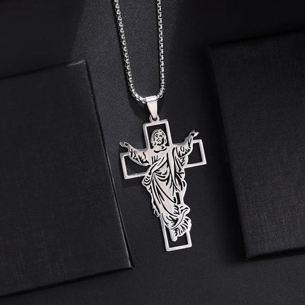 Vintage Christian Ice Crystal Jesus Head Pendant Necklace for Men and Women Cross Catholic Amulet Jewelry PlatiNum