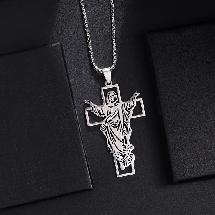 Vintage Christian Ice Crystal Jesus Head Pendant Necklace for Men and Women Cross Catholic Amulet Jewelry PlatiNum