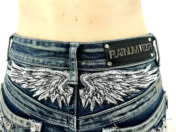 Women Rider Motorcycle Wing Rivet Embroidery Shorts Y2k Vintage Gothic Hot Girl Sexy Washed Denim Shorts Low Waist Mini Skirts PlatiNum