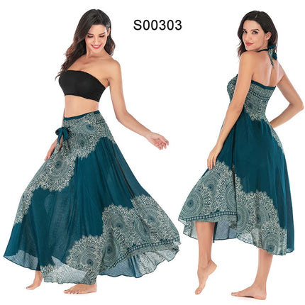 Boho Gonne Donna Rayon Beach Abito lungo Estate Bohemian Jupe Longue Femme Elastico in vita Stampa Fasciatura floreale Halter Hippie platinumshop