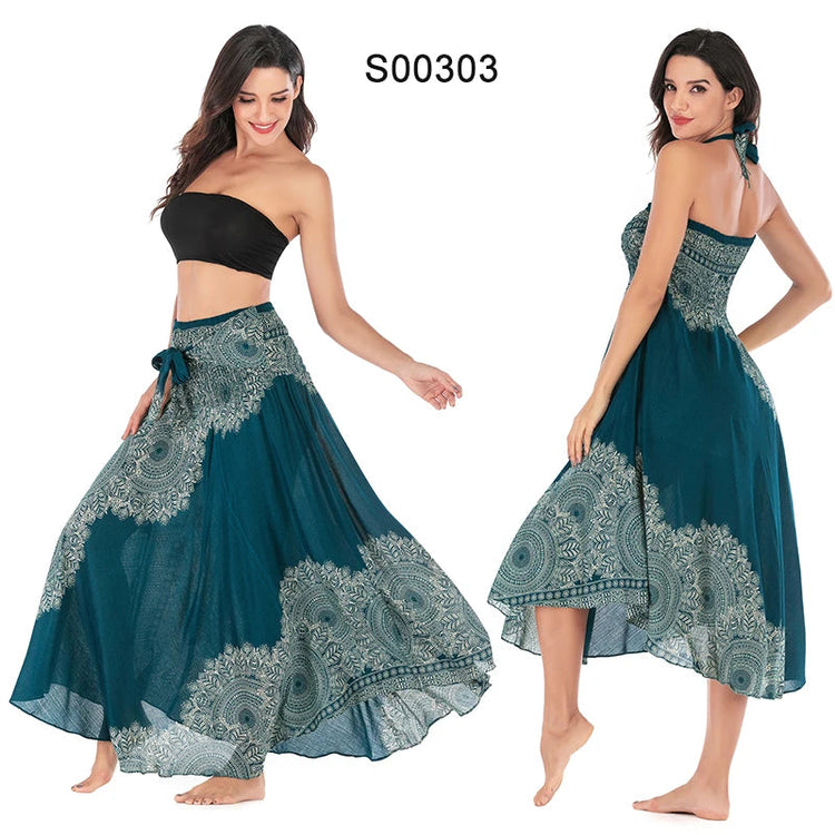 Boho Gonne Donna Rayon Beach Abito lungo Estate Bohemian Jupe Longue Femme Elastico in vita Stampa Fasciatura floreale Halter Hippie platinumshop