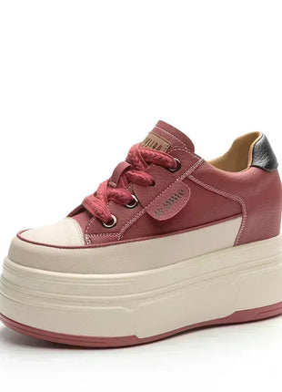 Fujin 9cm 3 inch comfortable platform sneakers for women Genuine Leather Women Vulcanized Shoes Platform High Heels Casual Shoes PlatiNum