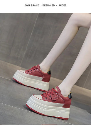 Fujin 9cm 3 inch comfortable platform sneakers for women Genuine Leather Women Vulcanized Shoes Platform High Heels Casual Shoes PlatiNum