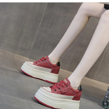 Fujin 9cm 3 inch comfortable platform sneakers for women Genuine Leather Women Vulcanized Shoes Platform High Heels Casual Shoes PlatiNum
