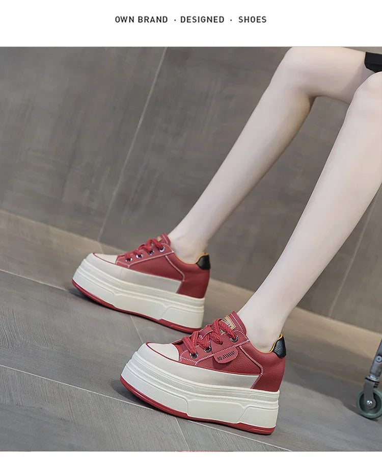 Fujin 9cm 3 inch comfortable platform sneakers for women Genuine Leather Women Vulcanized Shoes Platform High Heels Casual Shoes PlatiNum