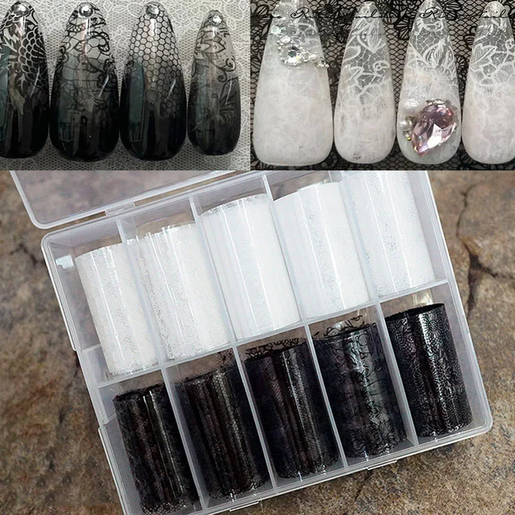 10 Rolls 4x50CM Black White Lace Transfer Nail Sticker Sexy Flower Lace Nail Art Transfer Foils Paper for DIY Manicure Decals*@# 2028